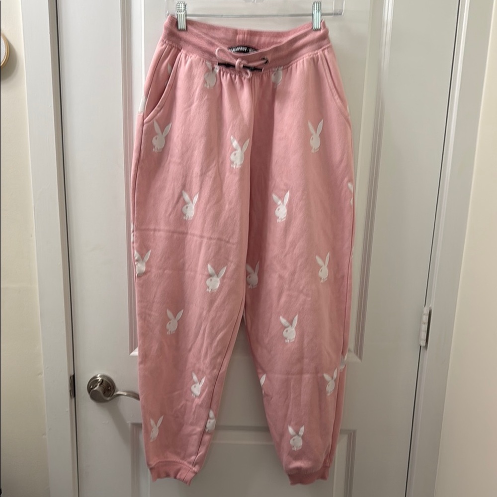 Playboy x Missguided pink drawstring sweats with bunny print (top separate).